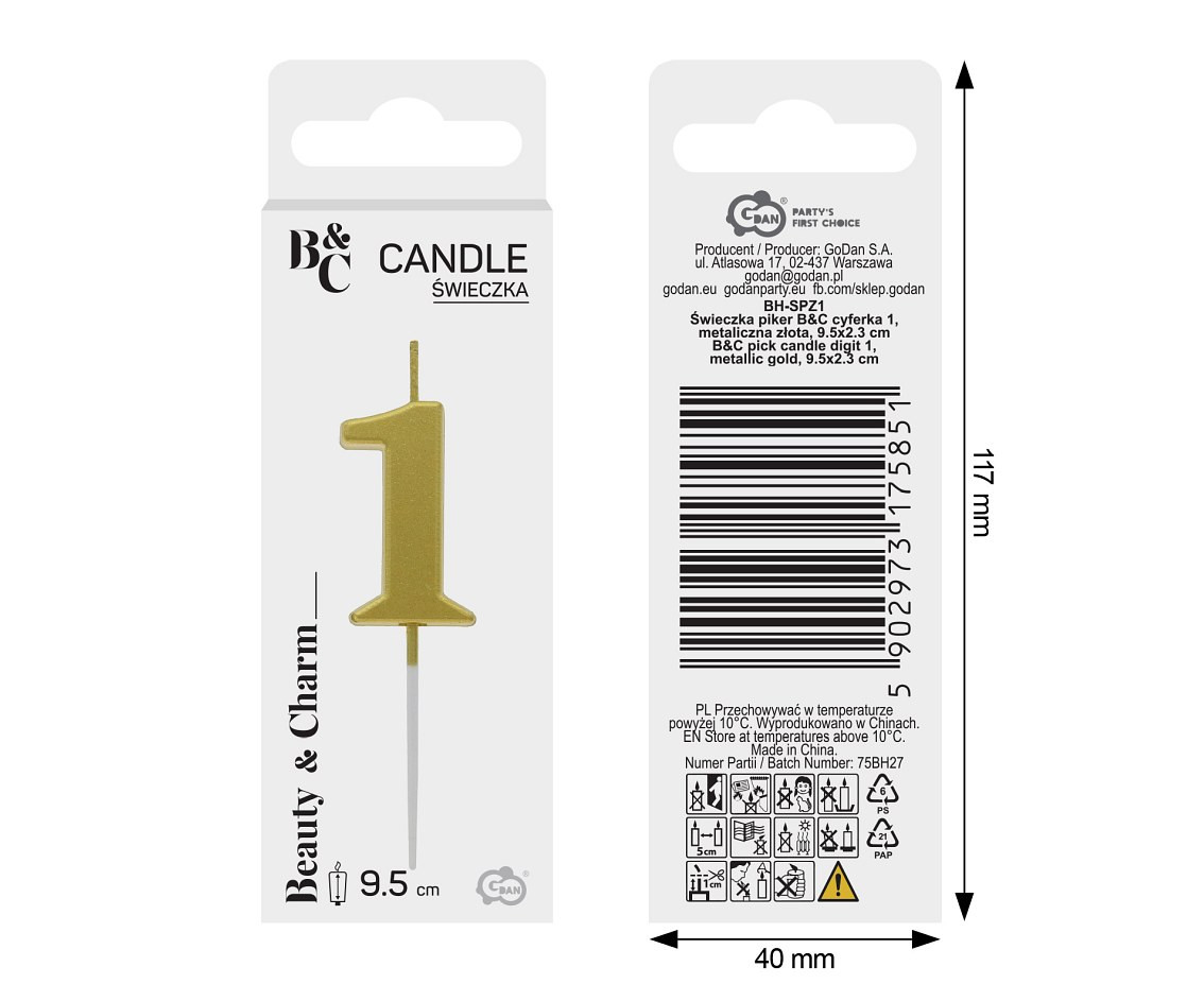 B&C pick candle digit 1, metallic gold,  total lenght 9,5 cm